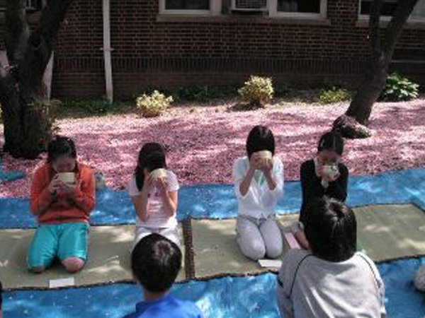 八重桜の下で野点(5月)