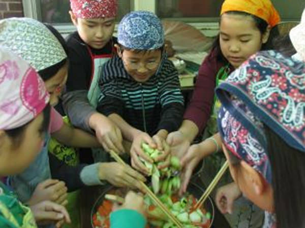 「学級園でのズッキーニ収穫」